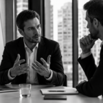 Ultrarealistic black-and-white 16:9 image of two businessmen in a modern office engaged in an intense professional conversation, symbolizing advanced language learners developing fluency, nuance, and high-level communication skills in real-world situations.