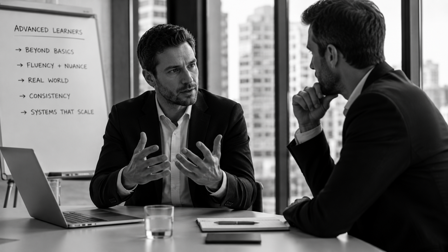 Ultrarealistic black-and-white 16:9 image of two businessmen in a modern office engaged in an intense professional conversation, symbolizing advanced language learners developing fluency, nuance, and high-level communication skills in real-world situations.