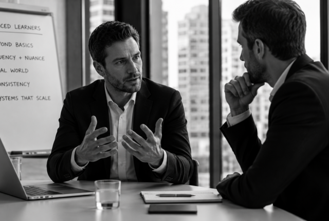 Ultrarealistic black-and-white 16:9 image of two businessmen in a modern office engaged in an intense professional conversation, symbolizing advanced language learners developing fluency, nuance, and high-level communication skills in real-world situations.