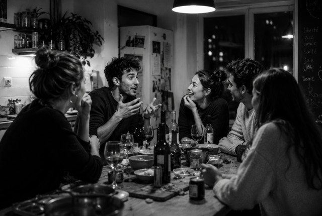 Ultrarealistic black-and-white 16:9 image of a group of friends having an animated late-night conversation around a crowded kitchen table, capturing language as one integrated system through spontaneous speaking, listening, emotional reactions, and real-time social interaction.