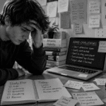 Ultrarealistic black-and-white 16:9 image of a frustrated language learner sitting at a cluttered desk surrounded by notebooks, study plans, reminders, and multiple language-learning apps. The scene captures common ADHD learning challenges such as overwhelm, inconsistency, distraction, and difficulty maintaining focus while trying to build a language-learning routine.