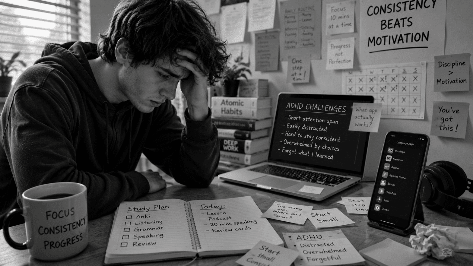 Ultrarealistic black-and-white 16:9 image of a frustrated language learner sitting at a cluttered desk surrounded by notebooks, study plans, reminders, and multiple language-learning apps. The scene captures common ADHD learning challenges such as overwhelm, inconsistency, distraction, and difficulty maintaining focus while trying to build a language-learning routine.