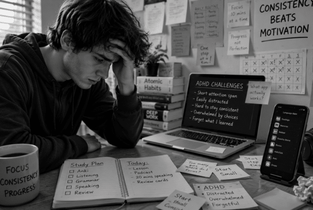 Ultrarealistic black-and-white 16:9 image of a frustrated language learner sitting at a cluttered desk surrounded by notebooks, study plans, reminders, and multiple language-learning apps. The scene captures common ADHD learning challenges such as overwhelm, inconsistency, distraction, and difficulty maintaining focus while trying to build a language-learning routine.