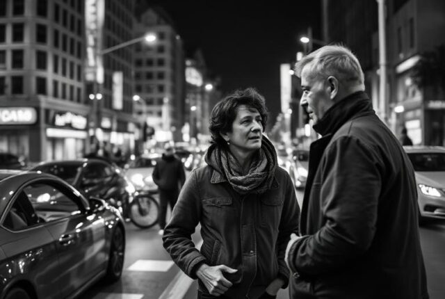 **Alt text:** Black-and-white image of a traveler asking a local for directions on a busy city street at night, illustrating the challenge of accessing language under real-world pressure.
