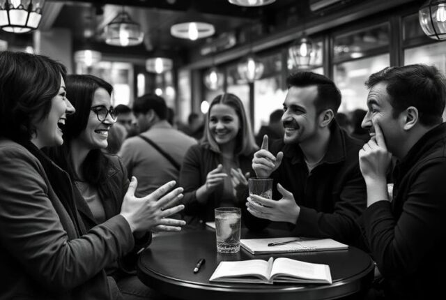 Black-and-white image of friends having a lively conversation in a busy café, illustrating the challenge of understanding fast native speech.