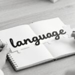Black-and-white, close-up scene of hands assembling puzzle pieces that form the word “language” above an open notebook on a desk, symbolizing building language structure piece by piece.