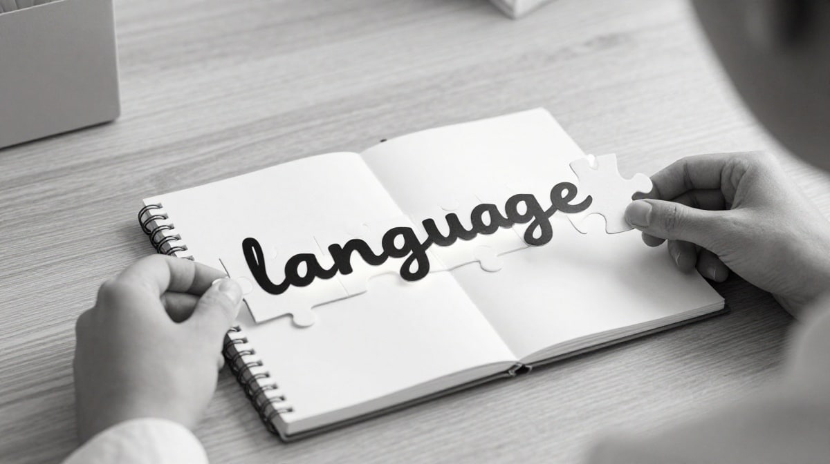 Black-and-white, close-up scene of hands assembling puzzle pieces that form the word “language” above an open notebook on a desk, symbolizing building language structure piece by piece.