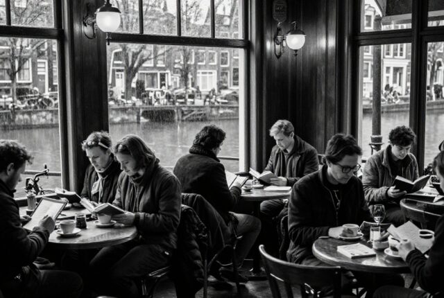 Czarno-biała, niezwykle realistyczna scena z wnętrza przytulnej amsterdamskiej kawiarni nad kanałem. Kilka osób siedzi przy małych okrągłych stolikach pod dużymi oknami, cicho czytając książki i popijając kawę. Przez szyby widać kanał, rowery i wąskie holenderskie budynki, co tworzy spokojną, sprzyjającą refleksji atmosferę.