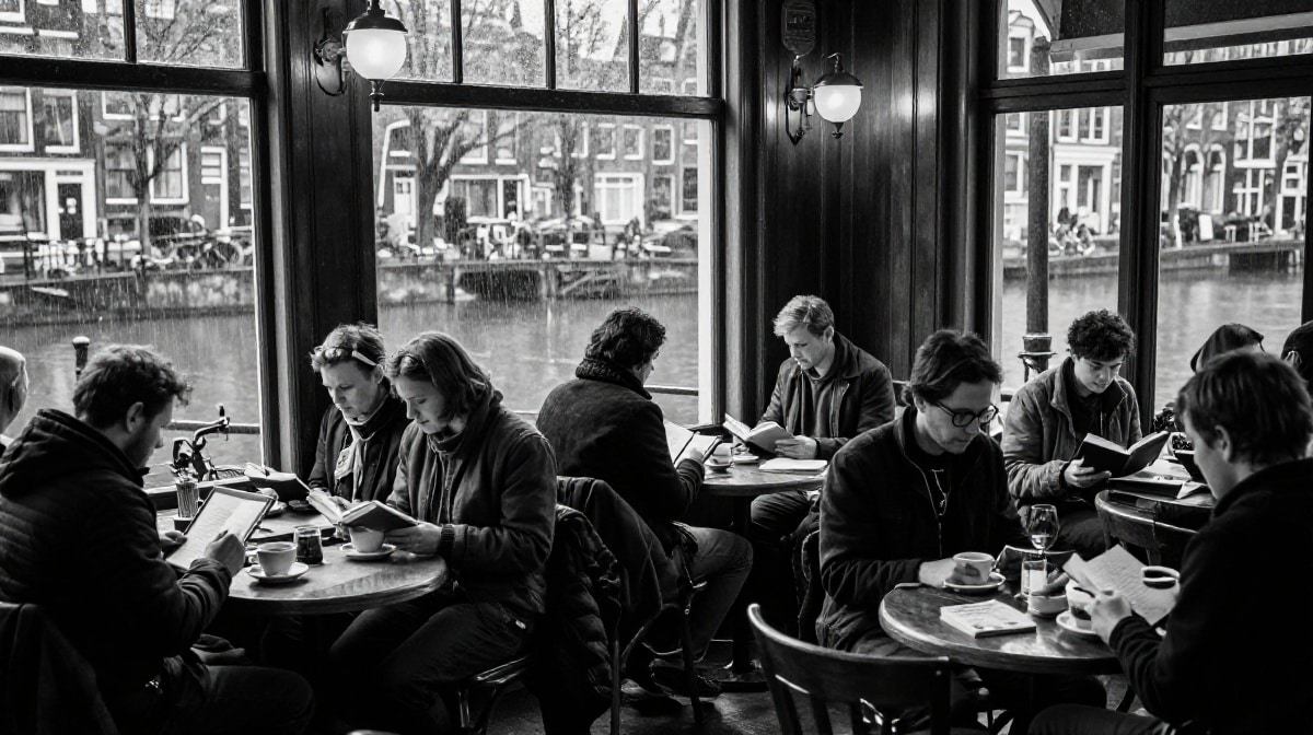 Black-and-white, ultrarealistic scene inside a cozy Amsterdam café by the canal. Several people sit at small round tables near large windows, quietly reading books and drinking coffee. Outside, the canal, bicycles, and narrow Dutch buildings are visible through the glass, creating a calm, reflective atmosphere.