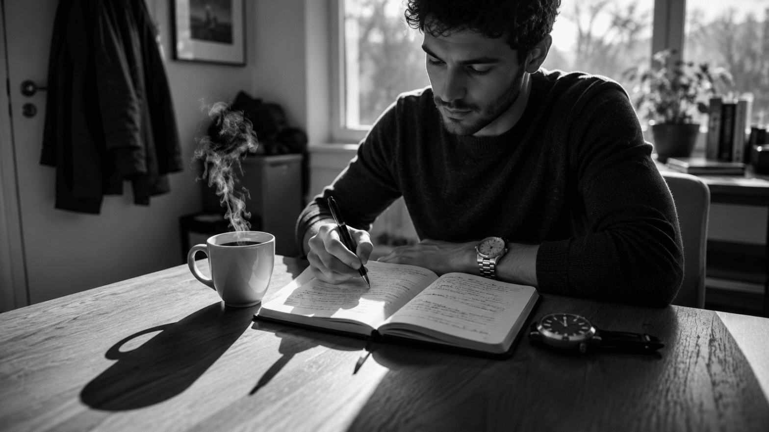 Person studying a foreign language at a kitchen table before work, writing sentences in a notebook beside a steaming cup of coffee and a watch, making the most of a short daily study session. Black-and-white realistic image.