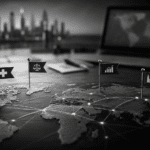 Global map with industry markers representing medicine, law, software development, finance, manufacturing, and teamwork, illustrating personalized work vocabulary for different professions. Black-and-white realistic image.