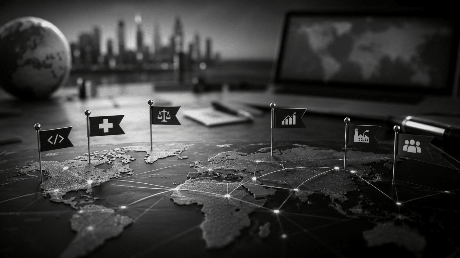 Global map with industry markers representing medicine, law, software development, finance, manufacturing, and teamwork, illustrating personalized work vocabulary for different professions. Black-and-white realistic image.