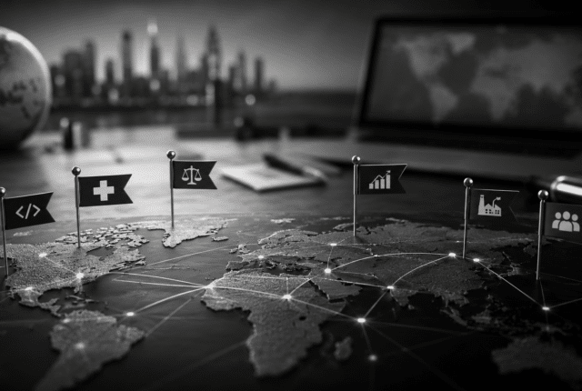 Global map with industry markers representing medicine, law, software development, finance, manufacturing, and teamwork, illustrating personalized work vocabulary for different professions. Black-and-white realistic image.