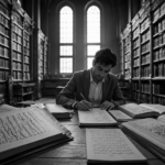 Person studying Arabic in a historic library surrounded by Arabic manuscripts and open books, writing notes while practicing the language. Black-and-white realistic image.
