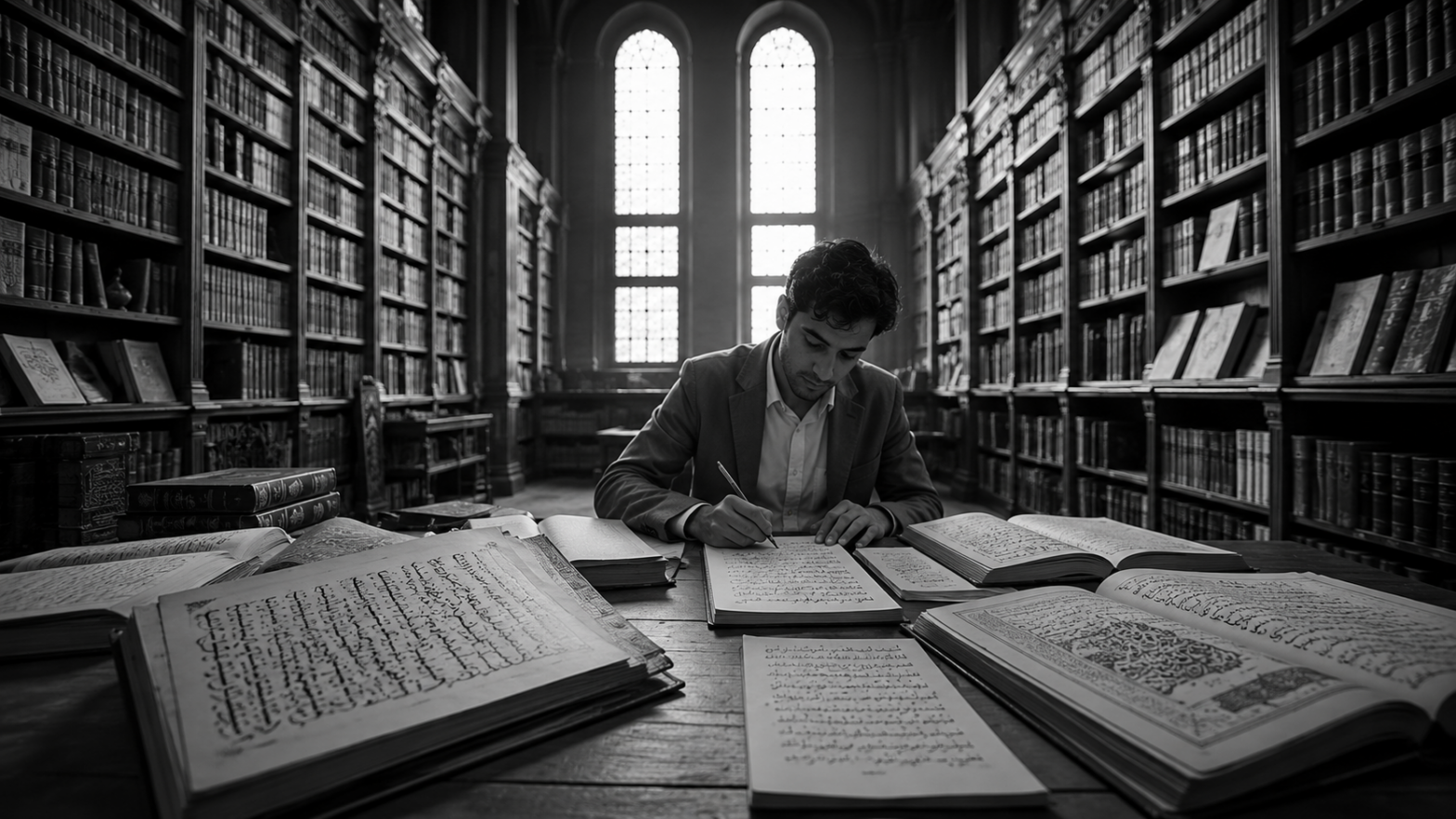 Person studying Arabic in a historic library surrounded by Arabic manuscripts and open books, writing notes while practicing the language. Black-and-white realistic image.