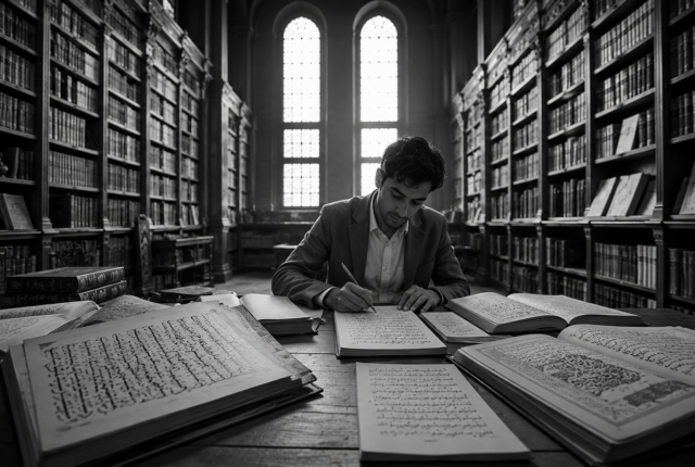 Person studying Arabic in a historic library surrounded by Arabic manuscripts and open books, writing notes while practicing the language. Black-and-white realistic image.