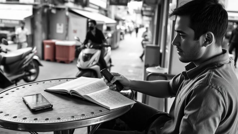 Person studying Vietnamese at a street café in Vietnam, reviewing notes and listening to audio while surrounded by everyday city life, illustrating immersive language learning in a real-world environment. Black-and-white realistic image.