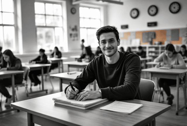 Focused language learner sitting at an exam desk in a bright classroom, writing in a notebook while other students work in the background, representing exam preparation, active recall, and confident language practice.