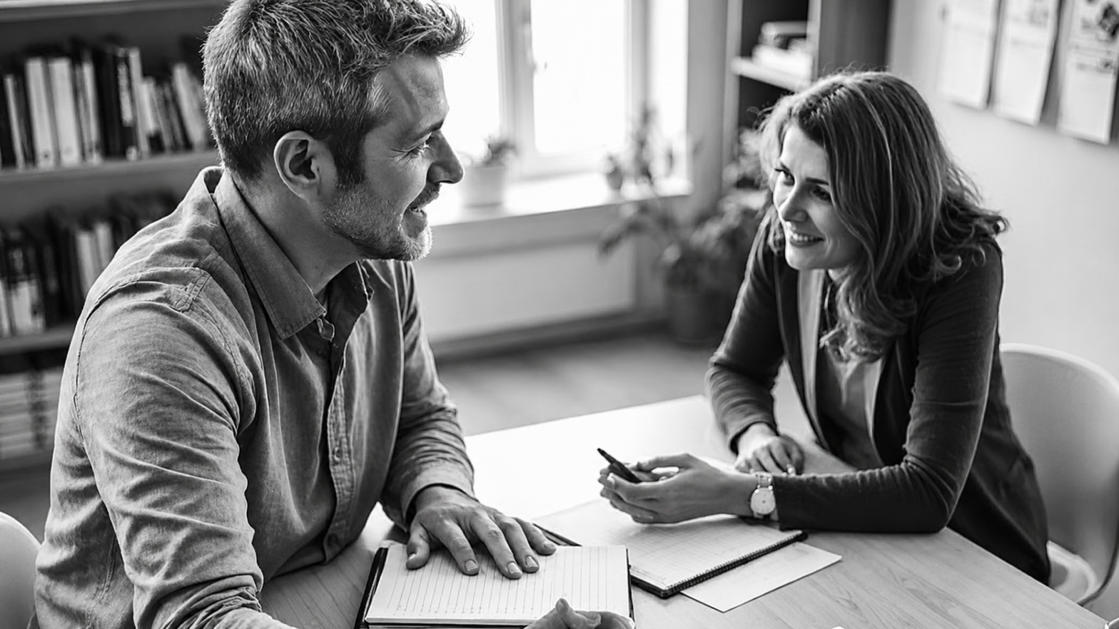 Two people practicing a foreign language together at a study table, smiling during an active conversation with notebooks and worksheets nearby, representing the move from fill-in-the-blank exercises to real speaking practice.