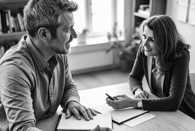 Two people practicing a foreign language together at a study table, smiling during an active conversation with notebooks and worksheets nearby, representing the move from fill-in-the-blank exercises to real speaking practice.