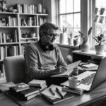 A focused adult learner studying a foreign language in a bright home office, surrounded by books, notes, headphones and a laptop, representing active, varied language practice for people who get bored easily.