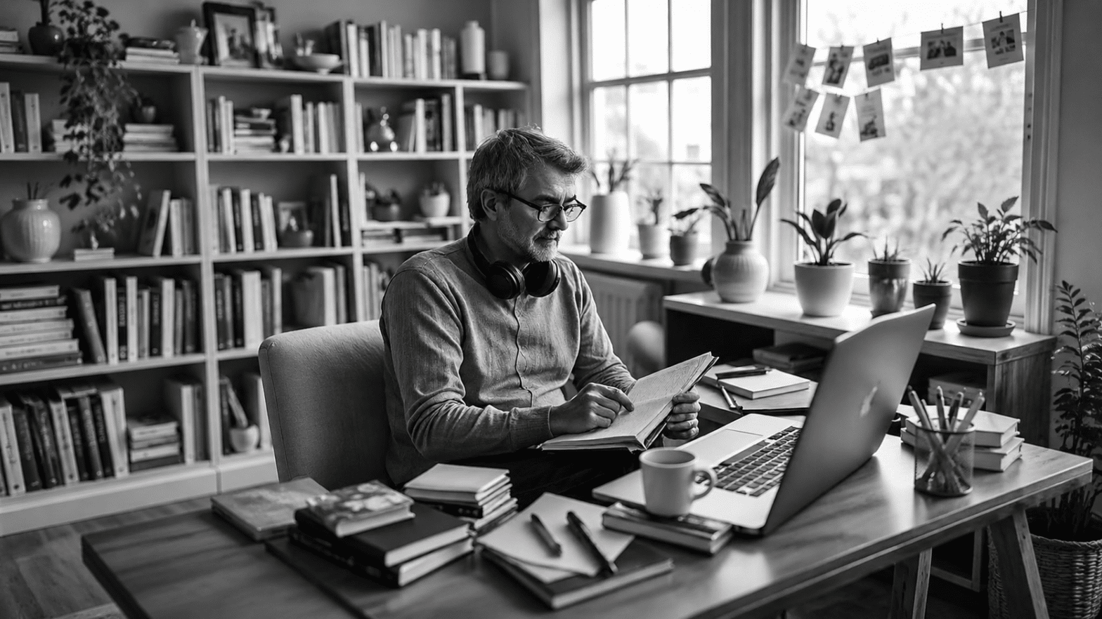 A focused adult learner studying a foreign language in a bright home office, surrounded by books, notes, headphones and a laptop, representing active, varied language practice for people who get bored easily.