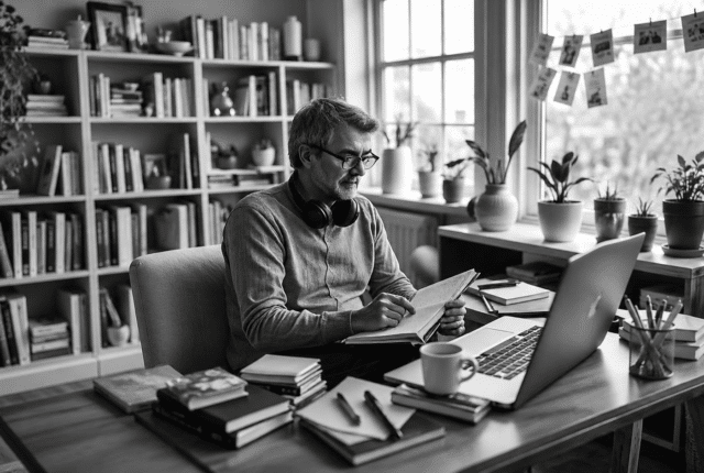 A focused adult learner studying a foreign language in a bright home office, surrounded by books, notes, headphones and a laptop, representing active, varied language practice for people who get bored easily.